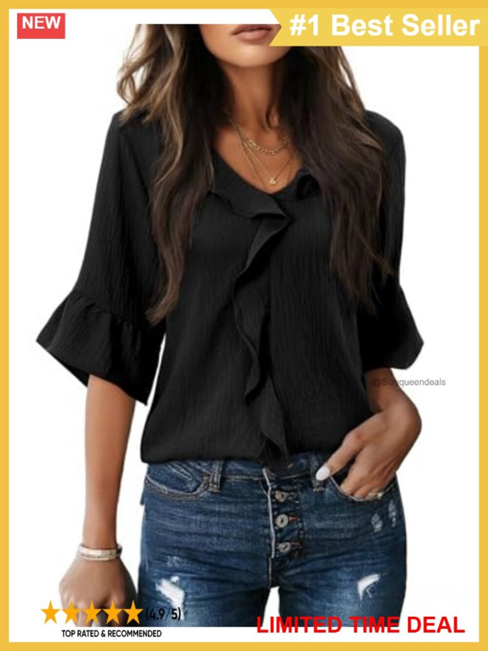 3/4 Sleeve Ruffle V-Neck Blouse Bell Sleeve Top